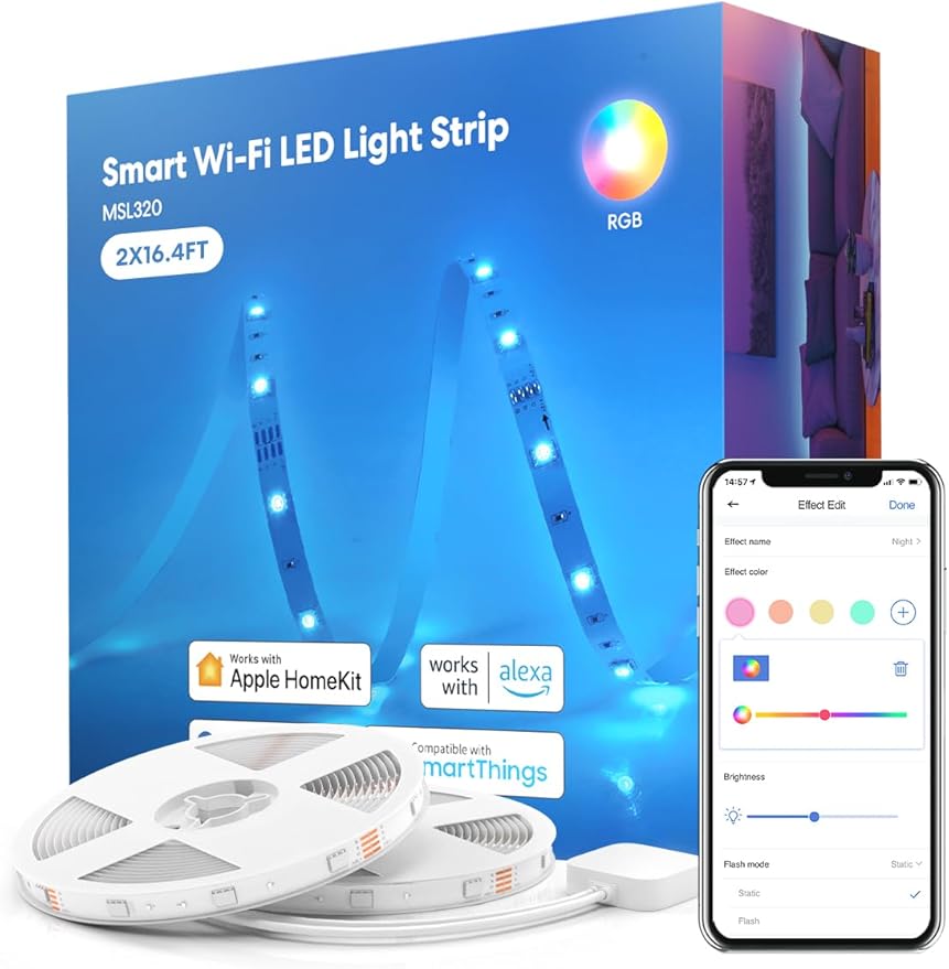 meross Smart LED Strip Lights, 32.8ft WiFi RGB Strip, Works with Apple HomeKit, Siri, Alexa&Google and SmartThings, App Control, Color Changing Lights Strip for Room, Party, Festivals, UL Listed