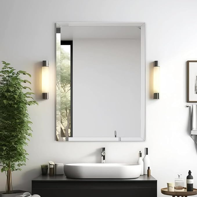 16x24 Inch Rectangle Frameless Mirror, Beveled Bathroom Mirror, Frameless Wall Mirror with 1" Beveled Edge for Bathroom Vanity, Entryway, Living Room