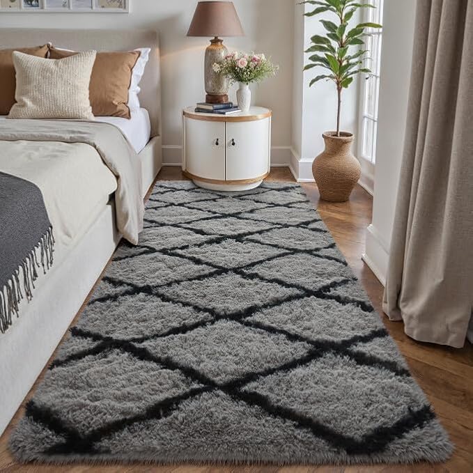 PureCozy 2x6 Checkered Rug Grey and White Modern Soft Area Rug Fluffy Non-Slip Carpet for Bedroom Living Room Playroom Home Aesthetic Decor