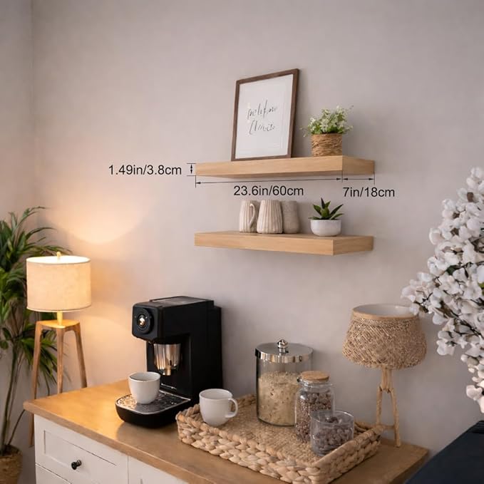 Floating Shelves for Wall, 24" Wall Mounted Shelves, Rustic Farmhouse Decor & Storage for Bathroom, Kitchen, Living Room, Dining Room, with Invisible Brackets, Set of 2, Oak