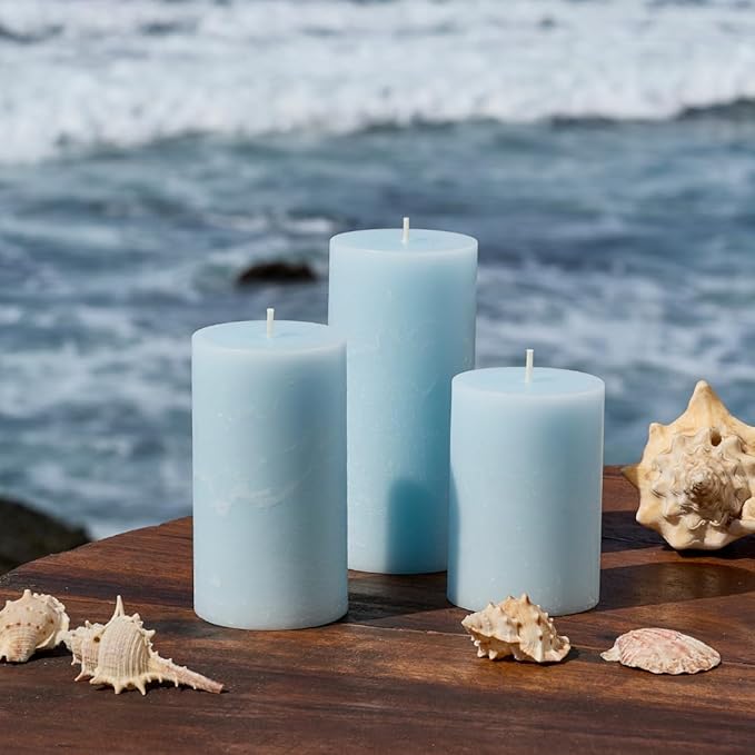 Blue Scented Pillar Candles Set of 3, 3x4, 3x5, 3x6 Light Blue Candles, Sea Salt and Driftwood Pilar Scented Candle, Ideal as Wedding, Parties, Spa, Dinner, Home Decor, Church