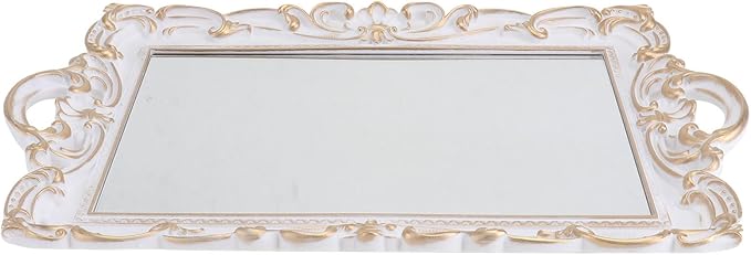 Lurrose Vintage Mirror Jewelry Tray Retro Cosmetic Storage Plate White Rectangular Perfume Photography Prop Decorative Makeup Organizer for Vanity and Dresser