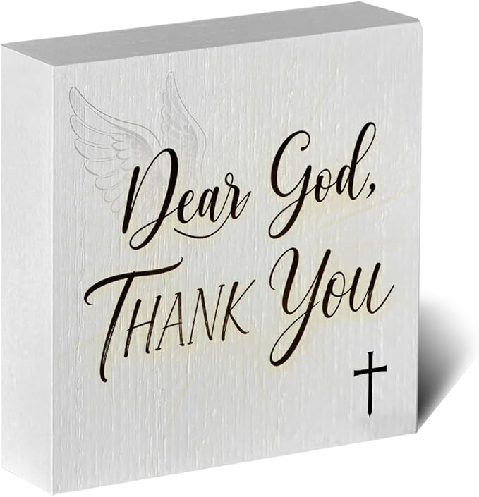 Christian Wooden Box Sign5x5 Inch - "Dear God, THANK YOU" Rustic Christian Home Decor, Farmhouse Style Shelf Desk Table Decoration for Bathroom Living Room