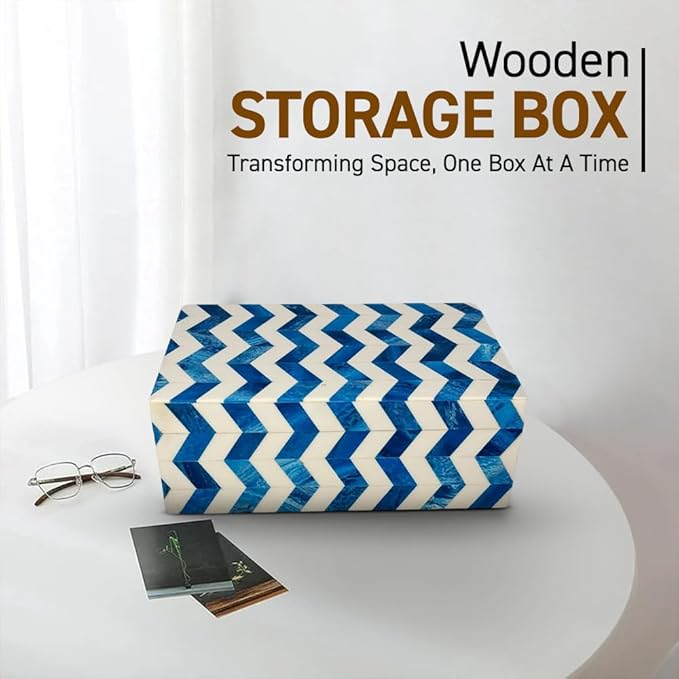 Perilla Home ﻿Home Decor Decorative Storage Wooden Box Small Wooden Organizer Tool Stash Card Craft Trinket Memory Keepsake Jewelry Box for Men and Women, Chevron, Gifts For All, Blue and Off White