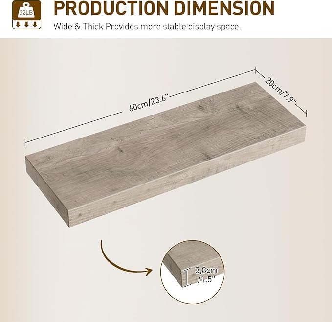 RALGEND Floating Shelves for Wall, 1.5" Thick Wall Shelf Set of 4 with Invisible Brackets, 23.6L x 7.9W Hanging Shelves Farmhouse Home Decor for Bathroom, Living Room, Bedroom, Greige 6301BJP4BG
