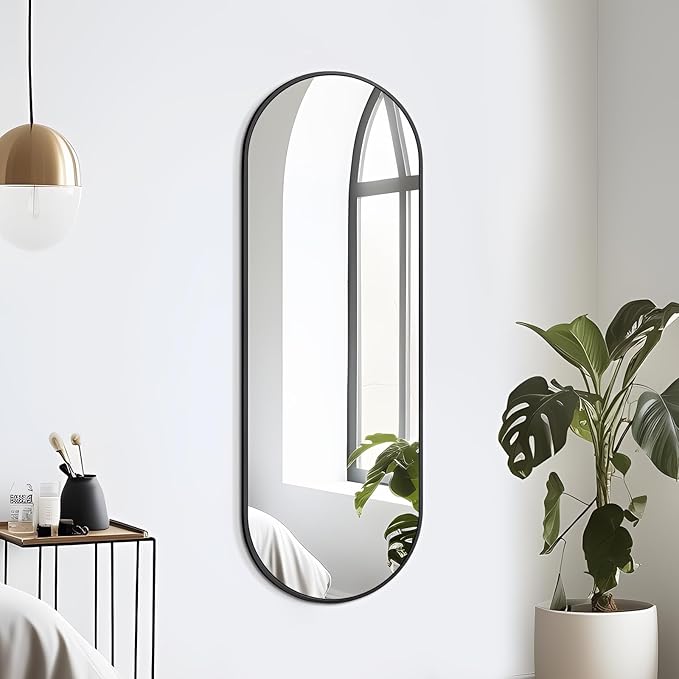 Niccy 48"×16" Oval Full Length Mirror, Long Oval Mirror with Unique Metal Frame Large Explosion-Proof Hanging Mirror for Living Room, Decorative Vanity Mirror for Bathroom, Bedroom, Black