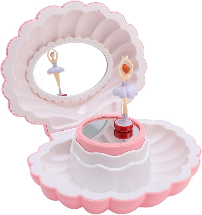 Ballet Jewelry Box with Music Dancing Ballerina Jewelry Organizer with Makeup Mirror for Girls Kids Birthday Retro Design (Pink)