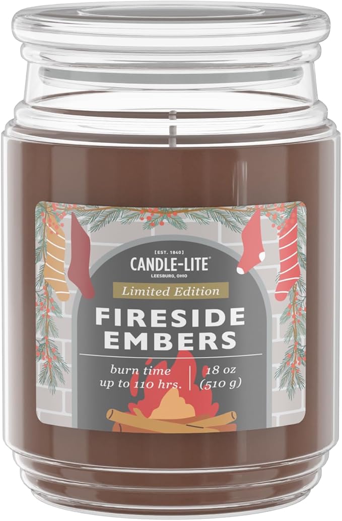 Candle-lite Holiday Scented Candles, Fireside Smoke and White Ember, 18 oz Single-Wick Jar Candle, Proudly Poured in USA, Christmas Home Decor, 110 Hours of Burn Time, Holiday Gift for Men and Women