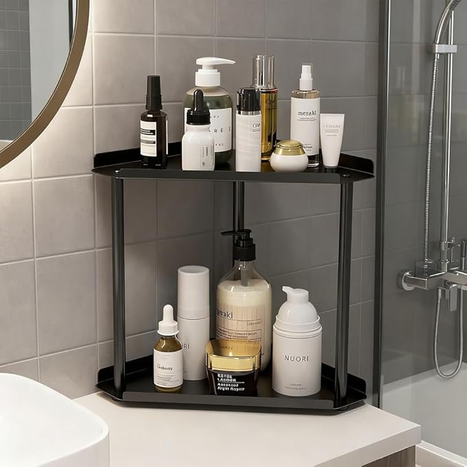 Black 2 Tier Corner Bathroom Organizer Countertop Storage Shelf for Vanity and Makeup