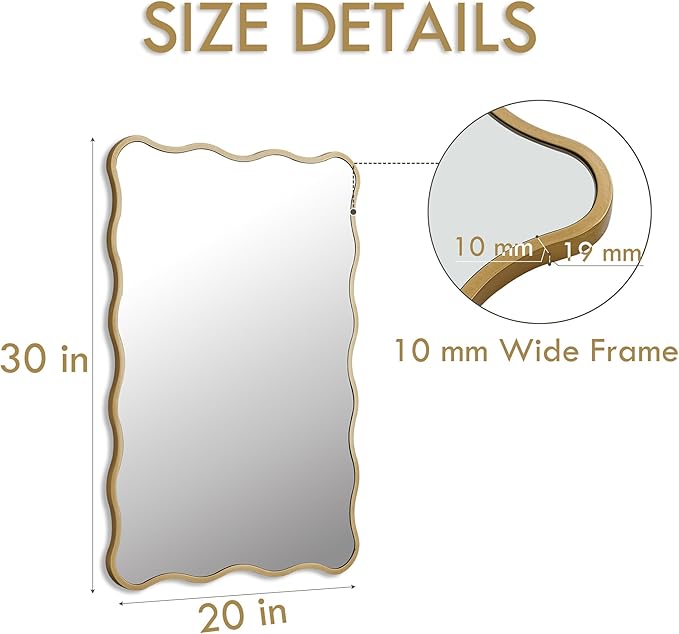 Gold Wavy Bathroom Mirror 20x30 Rectangle Scalloped Farmhous Mirror Modern Wood Farme Mirror Wall Decor for Bathroom Entryway Living Room Bedroom Hallway