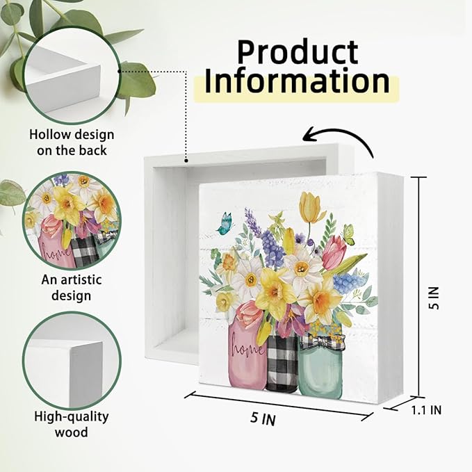 Spring Summer Floral Decor, Home Wooden Sign, Colorful Tulip Flower Decor Wooden Box Sign Decoration for Farmhouse Shelf Table Decoration,Vase with Flowers Prints Sign 5x5
