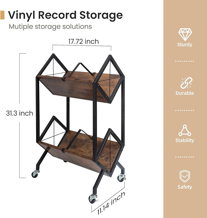 SwaaVee Vinyl Record Storage Holder with Wheels, 2-Tier Record Holder 160-200 LP with Dividers, Retro Style Quick Assembly Vinyl Record Display for Albums, Magazine, Book, Files(2 Tier- Rustic Brown)