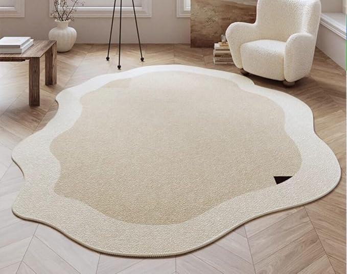 Boho Odd Shaped Rugs Cream Beige Irregular Rug for Living Room Bedroom Home Office Machine Washable Low Pile Shag Carpet 6x9 Minimalist Modern Playroom Nursery Indoor Non Slip Durable Runner Mats