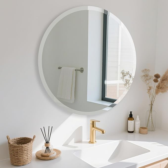 Frameless Round Mirror 28 Inch, Round Mirror with 1 inch Beveled Edge, Beveled Bathroom Mirrors for Vanity, Living Room, Entryways