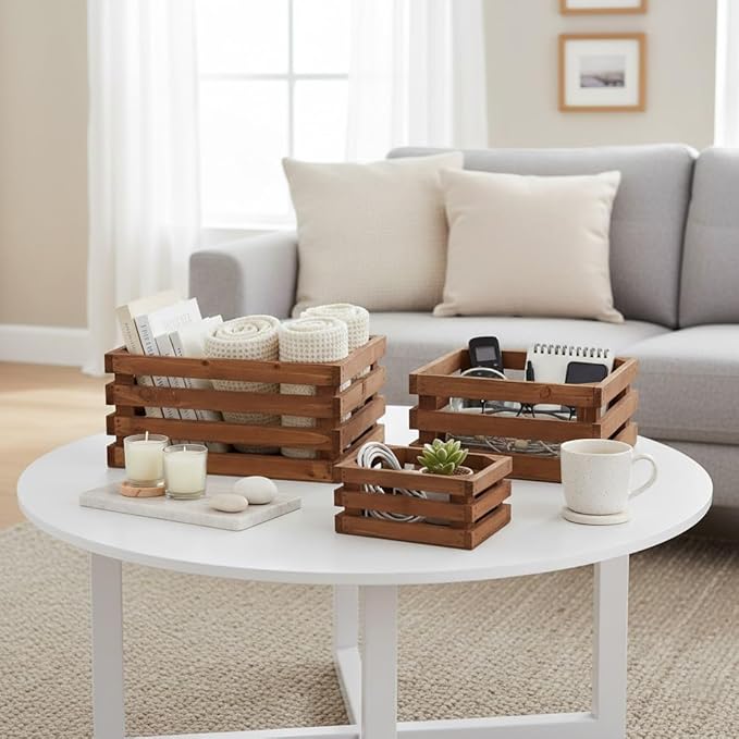 Set of 3 Nesting Wooden Storage Crates - Rustic Wooden Storage Crates for Display Brown Wood Container Boxes Wood Baskets for Farmhouse Flower Stand Display Rack for Shops or Exhibitions Home Decor