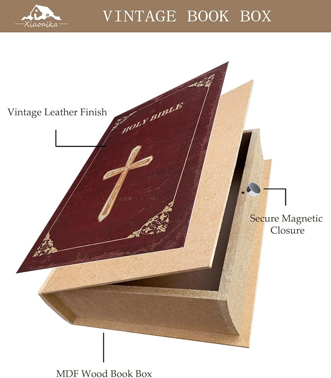 Wooden Book Box Set of 3 with Magnetic Closure and Classic Bible Design Leather Cover, Non-Woven Fabric Interior, Decorative Secret Storage for Bookshelves and Home Office