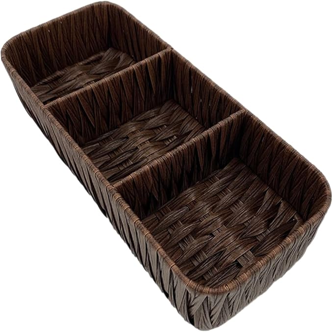 Vintage Woven Storage Box Organizer 3 Compartments Imitated Rattan Design Decorative Tabletop Sundries Basket for Home Office and Craft Supplies
