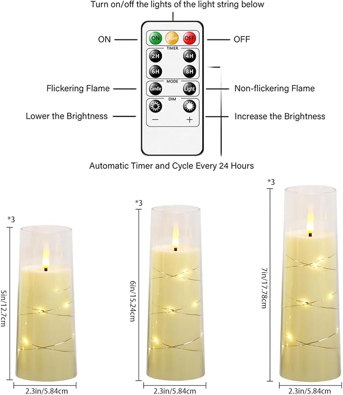 Nimiko Flickering Flameless LED Candles,Battery Operated Candles 9 Pcs with Embedded Star String,Acrylic LED Pillar Candles with Remote,Suitable for Home Decoration to Create an Atmosphere (Ivory)