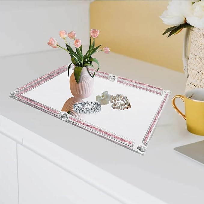 Large Crystal Serving Tray, 15.7" x 11.8" Crushed Diamond Mirror Perfume Rectangular Makeup Display Tray, Crystal Makeup Organizer for Bathroom, Home Decor, Cosmetics, Dresser(Rose Red)