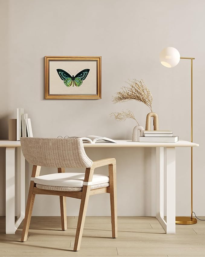 Bzstyleart Vintage Wall Art Decor, Vintage Gold Framed Wall Art, Green Butterfly Frmaed Artwork for Office, Aesthetic Canvas Picture Print, Painting for Bedroom Living Bathroom, 12 x 16 Inch