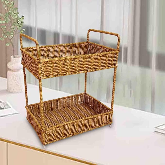 Handmade Woven Basket 2 Tier Storage Rack with Handle, Farmhouse Desk Organizer Shelf for Office Bookshelf Home Umbrellas 12.40x8.66x15.55inch