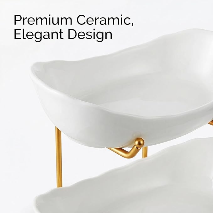 2-Tier Ceramic Fruit Basket, Decorative Tiered Stand for Kitchen Countertop, Fruit and Vegetable Storage Organizer, for Home Decor (White and Gold)