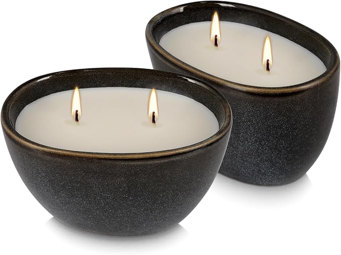 2-Pack Black Ceramic Citronella Scented Candles – Dual-Wick, All-Natural Wax, Decorative Geometric Design for Indoor/Outdoor Ambiance