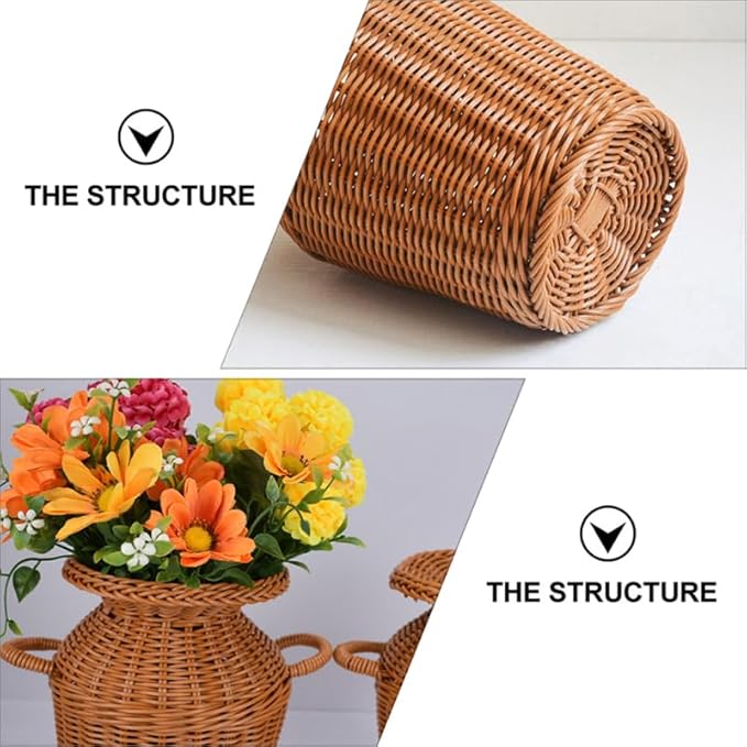 LABRIMP Creative Rattan Woven Vase 9 Inch Brown Decorative Flower Basket for Home Office Rustic Centerpiece Artificial Flower Holder