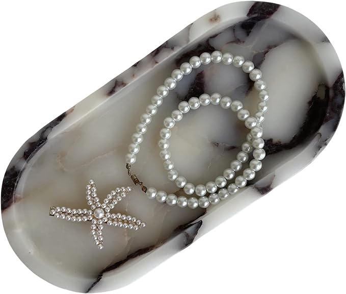 Natural Marble Oval Tray Ornaments Vintage Small Tray Storage Dish for Counter, Vanity, Dresser, Nightstand and Desk (Calacatta Purple)