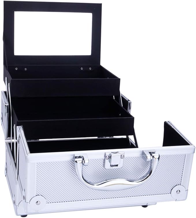 Makeup Box Train Case Large Storage Capacity Trays with Mirror Portable Travel Cosmetic Organizer with Brush Holder, Makeup Travel Train Case, 9" Lx 6" W x 6" H Silver