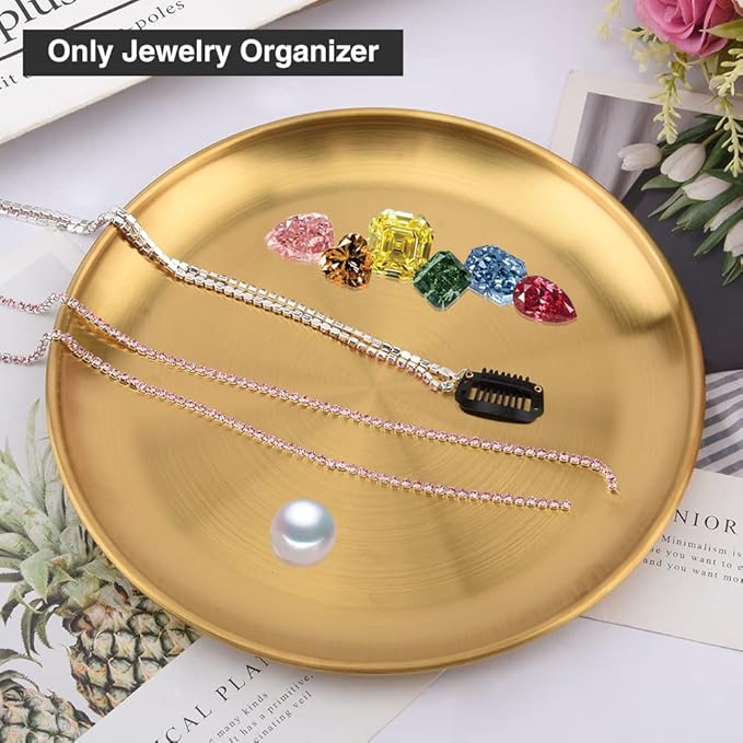 Round Brass Tray,Retro Plate Table Decor Easy Clean Stainless Steel Jewelry Organizer Round Tray for Modern Home,Jewelry, Makeup(Size:23cm)