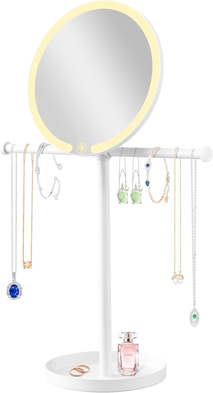 bodkar 2 in 1Lighted Jewelry Organizer Stand with Makeup Mirror – LED Touch Control Vanity Mirror Necklaces Organizer – 3 Light Modes, Jewelry Holder with Tray for Bedroom, Dresser, Gift for Women