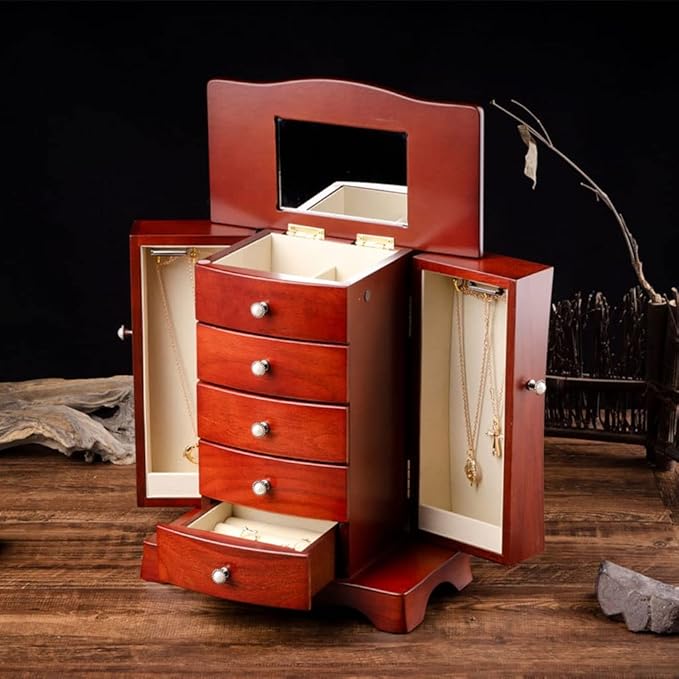 Makeup Organizers Wooden Jewelry Box Multi-Layer Drawer Storage Box Ring Earring Necklace Bracelet Watch Small Jewelry Storage Box Retro Jewelry Box 10.23 Inches Jewelry Case