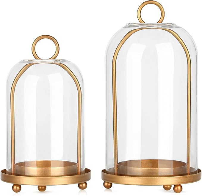 Vintage Brass Metal Candle Lantern with Thick Glass Dome – Set of 2 Shabby Chic Style Candle Holders (5.25"x10" & 4.5"x7.87") – Hanging or Tabletop Decor for Pillar Candles, Plants