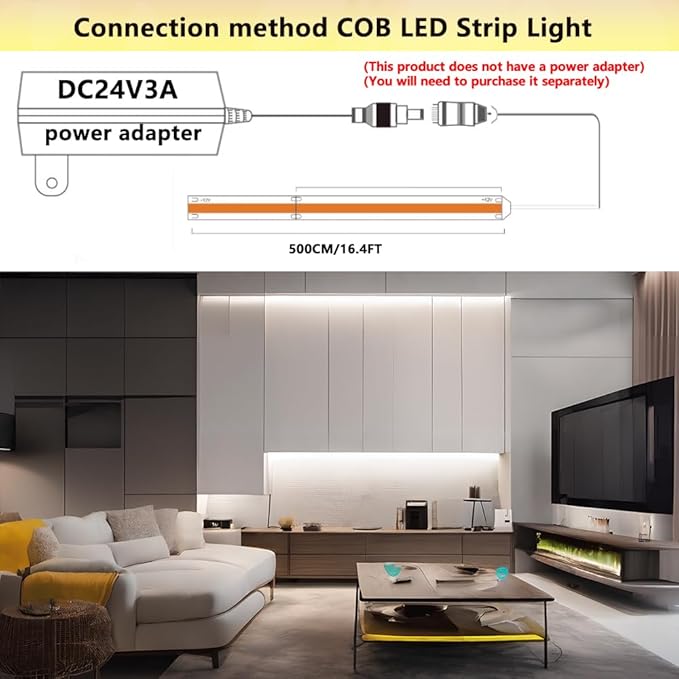 24V COB LED Strip Light White 6000K IP20 Uniform Light Emitting 480LEDs/M 16.4FT/5M CRI90 Flexible Can be Cropped LED Light Strip Cabinet Home DIY Lighting Projects (White 6000K)