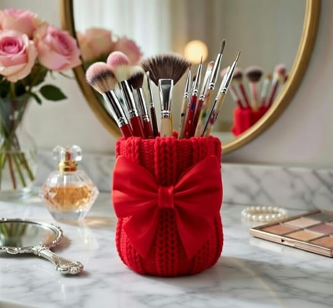 Knitted Bowknot Makeup Brush Holder, Cute Bow Vase, Pen Organizer for Kitchen, Bathroom or Office (Red)