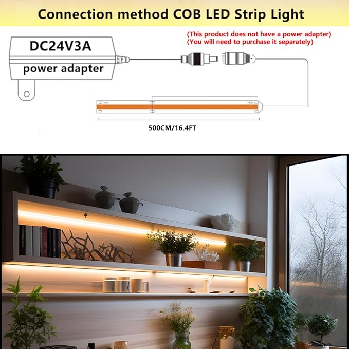 24V COB LED Strip Light Warm White 3000K IP20 Uniform Light Emitting 480LEDs/M 16.4FT/5M CRI90 Flexible Can be Cropped LED Light Strip Cabinet Home DIY Lighting Projects (Warm White 3000K)