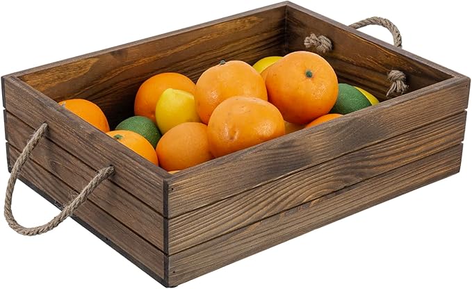 MyGift 15 Inch Large Rustic Brown Solid Wood Decorative Storage Box with Rope Carrying Handles, Country Style Wooden Crate, Farmhouse Pallet Design Open Top Bin