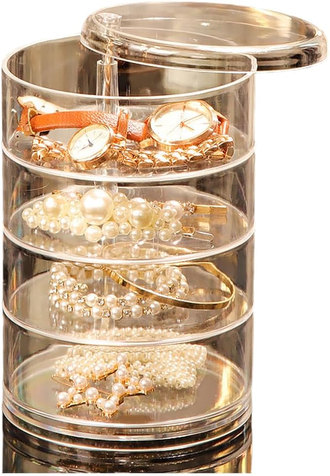 360 Degree Rotating Transparent Jewelry Storage Box Multi-Layer Organizer for Hair Accessories Makeup Tools Space Saving Clear PP PET Vertical Design Stackable Compartment(E)