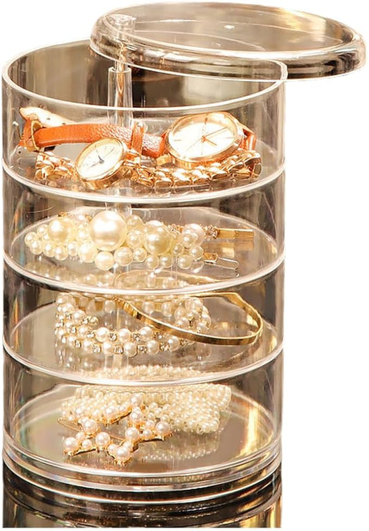 360 Degree Rotating Transparent Jewelry Storage Box Multi-Layer Organizer for Hair Accessories Makeup Tools Space Saving Clear PP PET Vertical Design Stackable Compartment(E)