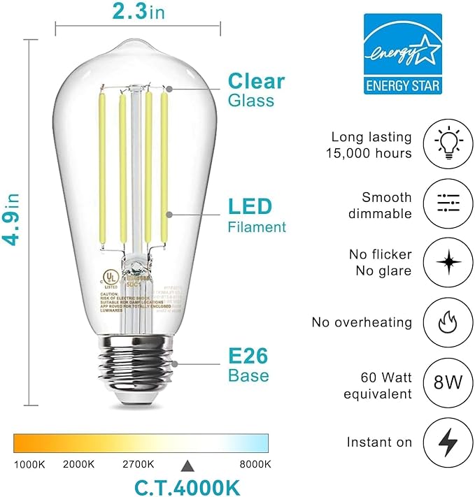 TJOY 4 Pack E26 Base Vintage LED Edison Light Bulbs, 60W Equivalent Dimmable, 4000K Natural White, 8W ST58 LED Filament Bulbs, 800Lumens, CRI80+, Antique Glass Style for Home, Bedroom, Farmhouse