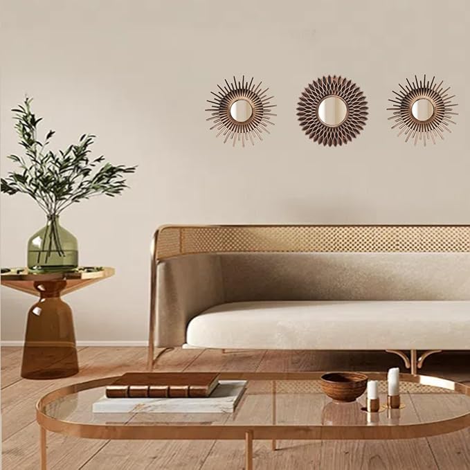 Retor OLD Gold Mirrors for Wall Pack of 3. Round. More Contemporary Sense.Rays of Light and Annual Ring Shape.Glass Decorative Wall Mirrors for Decor Home Decor.Plastic Frames.Old Sun Gold Color.