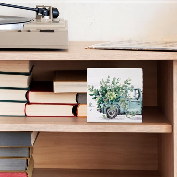 Farmhouse Spring Eucalyptus Leaves Wooden Box Sign Decor, Botanical Truck Wooden Block Plaque Sign Decoration for Shelf Table Farmhouse Tiered Tray Decor, 5x5