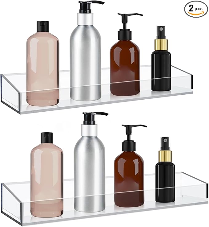 2 Pack Acrylic Bathroom Shelves, Clear Acrylic Shower Caddy Organizer, 15" Invisible Floating Shelves for Book/Figures/Photo/Makeup in Bathroom, Living Room, Bedroom, Kitchen