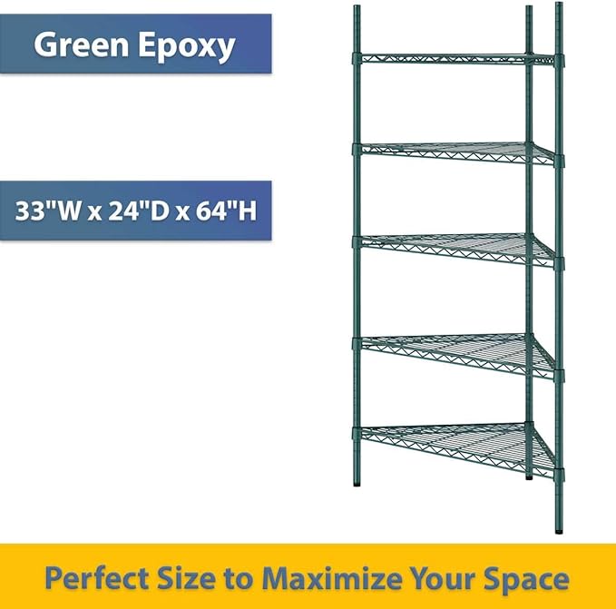 33" W x 24" D x 64" H NSF Green Triangle Heavy Duty Corner Shelving Kit, 5-Shelf Adjustable Wire Rack