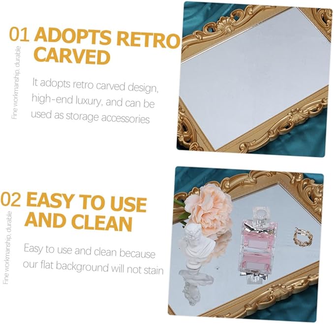 Vintage Mirror Tray for Perfume and Jewelry, Decorative Dressing Table Makeup Tray with Glass Mirror Plate, Elegant Dresser Organizer for Home Décor and Cosmetic Display