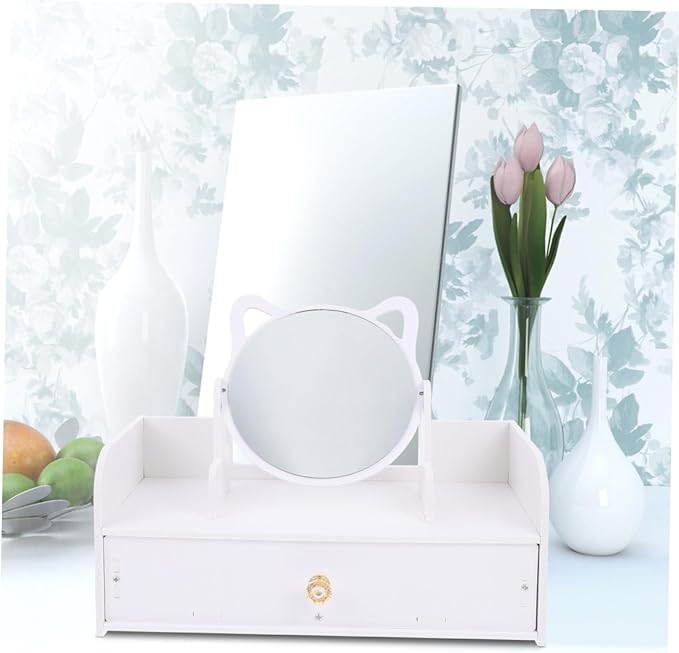 Housoutil Multifunctional Tabletop Makeup Mirror with Large Storage Box, Single Drawer Vanity Mirror for Bedroom Dresser, Portable Cosmetic Organizer for Travel and Daily Use