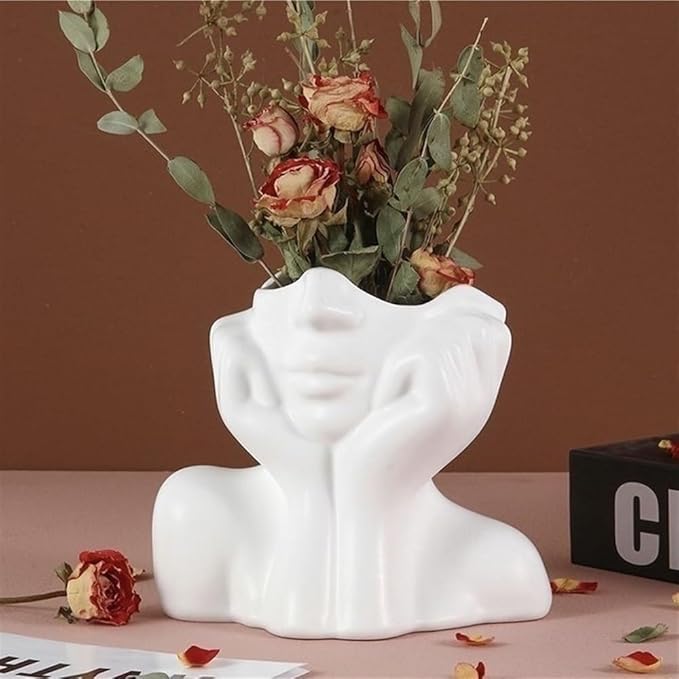 Face Vase – Small Human Body Art Vase in Resin,Women’s Head Shape for Flowers, Makeup Organizer & Desk Decor (White)