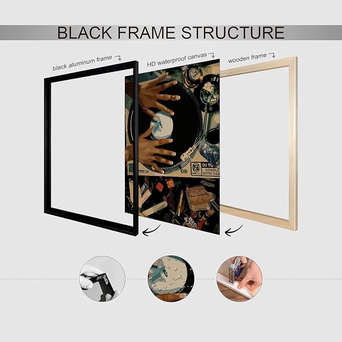 Music Record Canvas Posters Black Woman Abstract Wall Art Vintage Trendy African Girl Prints 12X16 inch Black Framed for Living Room Bedroom Dorm Wall Decor