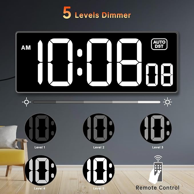 Soobest Digital Wall Clock with Seconds for Gym, Remote Countdown Timer Large LED Display 5 Dimmer, (10.2" White)